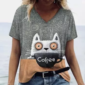 Модная женская футболка, летняя футболка с изображением животных из мультфильмов, женская одежда, свободная дизайнерская футболка с коротким рукавом и V-образным вырезом, блузка, новинка 2025 года M
