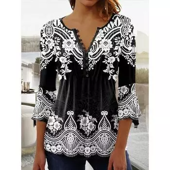 Модная женская футболка на пуговицах с v-образным вырезом, свободная удобная одежда, летняя рубашка, топ с рукавами семь четвертей с 3D принтом S