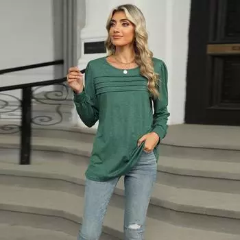 Модная женская футболка однотонная с U-образным вырезом и длинным рукавом, плиссированная, свободная S белый