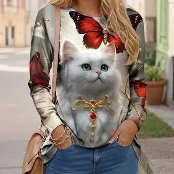 Модная женская футболка, повседневная футболка с милой собакой и длинными рукавами, толстовки с принтом кота, одежда с животными, пуловеры, кавайная одежда для девочек, топ S
