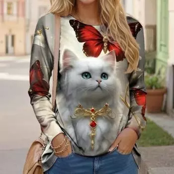 Модная женская футболка, повседневная футболка с милой собакой и длинными рукавами, толстовки с принтом кота, одежда с животными, пуловеры, кавайная одежда для девочек, топ L