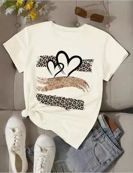 Модная женская футболка простых линий с пятнистым принтом в форме сердца, забавная повседневная футболка с круглым вырезом и короткими рукавами, летняя женская футболка XS розовый