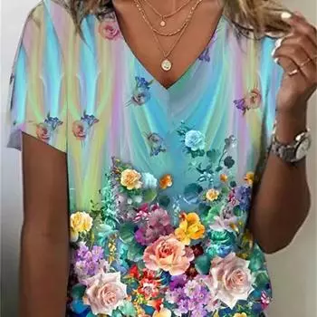 Модная женская футболка с 3d цветами и принтом, одежда, топы с v-образным вырезом и короткими рукавами, летние женские пуловеры в стиле Харадзюку, большие женские футболки 3XL