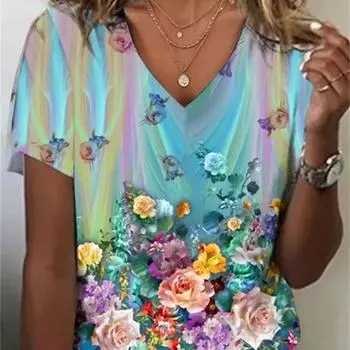 Модная женская футболка с 3d цветами и принтом, одежда, топы с v-образным вырезом и короткими рукавами, летние женские пуловеры в стиле Харадзюку, большие женские футболки 3XL