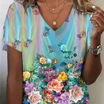Модная женская футболка с 3d цветами и принтом, одежда, топы с v-образным вырезом и короткими рукавами, летние женские футболки большого размера S
