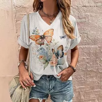 Модная женская футболка с 3d цветами и v-образным вырезом, топы с короткими рукавами, футболки, летняя одежда большого размера, новый пуловер, женская футболка S