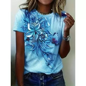 Модная женская футболка с 3D цветочным принтом, уличный тренд, топы с короткими рукавами, повседневные свободные футболки с круглым вырезом, летняя женская одежда, блузка S