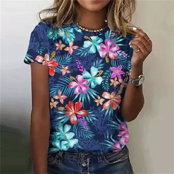 Модная женская футболка с 3D-цветочным принтом, повседневная, с круглым вырезом и коротким рукавом, летняя, свободного покроя, уличная одежда, футболки, блузки XXS