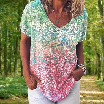 Модная женская футболка с 3d цветочным принтом, топы, футболки с v-образным вырезом и короткими рукавами, женская одежда, летняя футболка большого размера, женская одежда M