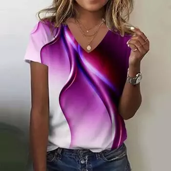 Модная женская футболка с 3d градиентными цветами, одежда с принтом, футболка большого размера, женские топы, футболки с короткими рукавами, женский пуловер с v-образным вырезом 2XL
