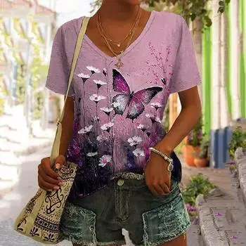 Модная женская футболка с 3D принтом бабочки для женщин, красивые топы с короткими рукавами и v-образным вырезом, женская летняя одежда оверсайз 3XL