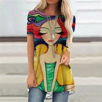 Модная женская футболка с 3D принтом и мультяшным портретом с круглым вырезом, белая женская одежда с короткими рукавами, летние топы для отдыха, пуловер 4XL