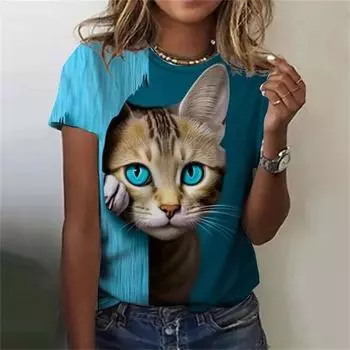Модная женская футболка с 3D принтом Kawaii Cat Pattern, топ с короткими рукавами и круглым вырезом, летняя уличная повседневная уличная простая одежда S