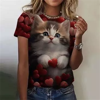 Модная женская футболка с 3D принтом Kawaii Cat Pattern, топ с короткими рукавами и круглым вырезом, летняя уличная повседневная уличная простая одежда S
