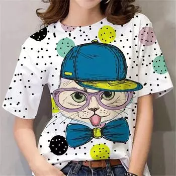 Модная женская футболка с 3D принтом мультфильма аниме кота и круглым вырезом, белая женская одежда с короткими рукавами, летние топы для отдыха, пуловер XXXL