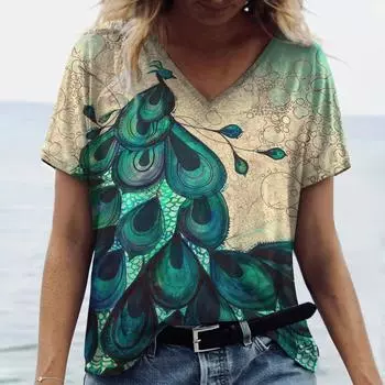 Модная женская футболка с 3D принтом перьев, летняя футболка больших размеров, одежда для влюбленных, повседневные свободные топы с v-образным вырезом и короткими рукавами S