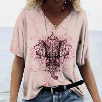 Модная женская футболка с 3d принтом слона, с коротким рукавом, простые топы с v-образным вырезом, футболки, повседневная футболка для женщин, одежда больших размеров XL