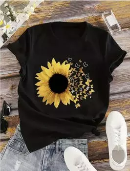 Модная женская футболка с акварельным бантом и подсолнухом, забавная повседневная футболка с круглым вырезом и короткими рукавами, летняя женская футболка XS белый