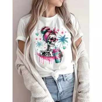 Модная женская футболка с бантом и черепом, 3D-принт, женская футболка с воротником, удобная футболка с коротким рукавом, летние повседневные женские футболки S