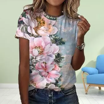 Модная женская футболка с большим цветком, забавная повседневная футболка с круглым вырезом и короткими рукавами, летняя женская футболка XS красный