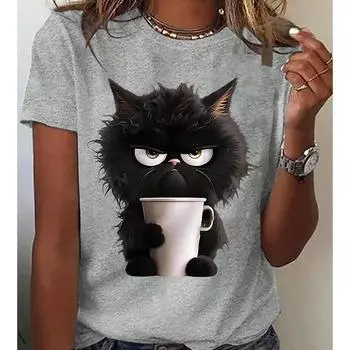 Модная женская футболка с чашкой чая и котом, забавная повседневная футболка с круглым вырезом и короткими рукавами, летняя женская футболка XS розовый