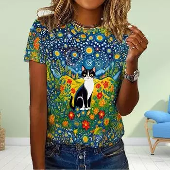 Модная женская футболка с цифровым принтом кота, забавная повседневная футболка с круглым вырезом и короткими рукавами, летняя женская футболка XS синий
