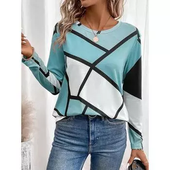 Модная женская футболка с цветным блоком и 3D-принтом, повседневная толстовка с длинным рукавом, спортивная одежда с круглым вырезом на весну и осень S