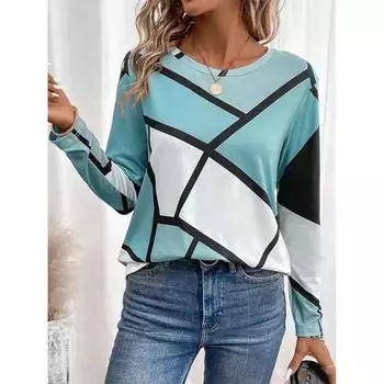 Модная женская футболка с цветным блоком и 3D-принтом, повседневная толстовка, повседневная футболка с длинным рукавом и круглым вырезом, спортивная одежда на весну и осень S