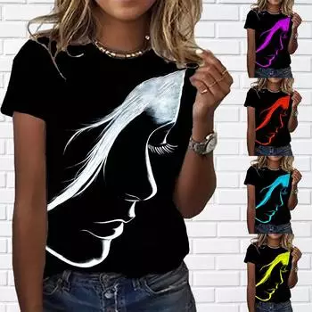 Модная женская футболка с цветным принтом лица, забавная повседневная футболка с круглым вырезом и короткими рукавами, летняя женская футболка XS фиолетовый