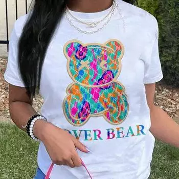 Модная женская футболка с цветным принтом медведя, забавная повседневная футболка с круглым вырезом и короткими рукавами, летняя женская футболка XS белый