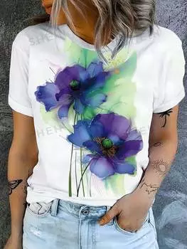 Модная женская футболка с цветным трехмерным принтом лотоса, забавная повседневная футболка с круглым вырезом и короткими рукавами, летняя женская футболка XS розовый