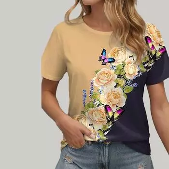 Модная женская футболка с цветочным принтом «Бабочка», забавная повседневная футболка с круглым вырезом и короткими рукавами, летняя женская футболка XS фиолетовый