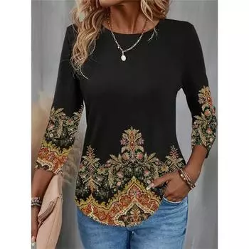 Модная женская футболка с цветочным принтом, длинный рукав, повседневная, выходного дня, повседневная, базовая, с круглым вырезом, стандартный крой, свитшот с цветочным рисунком, осень S