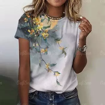 Модная женская футболка с цветочным принтом и круглым вырезом, одежда в стиле Харадзюку, летние повседневные футболки с короткими рукавами, уличный пуловер большого размера, повседневные топы XL