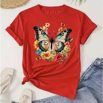 Модная женская футболка с цветочным принтом и принтом бабочек, забавная повседневная футболка с короткими рукавами и круглым вырезом, летняя женская футболка XS белый