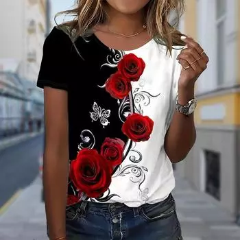 Модная женская футболка с цветочным принтом и принтом роз, забавная повседневная футболка с круглым вырезом и короткими рукавами, летняя женская футболка XS синий