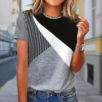 Модная женская футболка с цветочным принтом и трехцветной полоской, забавная повседневная футболка с круглым вырезом и короткими рукавами, летняя женская футболка XS чёрный