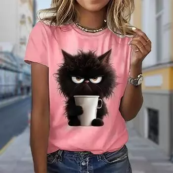 Модная женская футболка с цветочным принтом и рисунком в виде угольного шара и кошки, забавная повседневная футболка с короткими рукавами и круглым вырезом, летняя женская футболка XS розовый