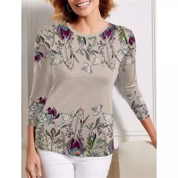 Модная женская футболка с цветочным принтом и бабочками, 3D-принтом, повседневная толстовка, повседневная футболка с длинным рукавом, круглый вырез, спортивная одежда на осень S