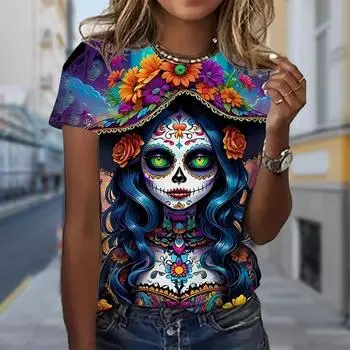 Модная женская футболка с цветочным принтом и принтом скелета, забавная повседневная футболка с короткими рукавами и круглым вырезом, летняя женская футболка XS разноцветный