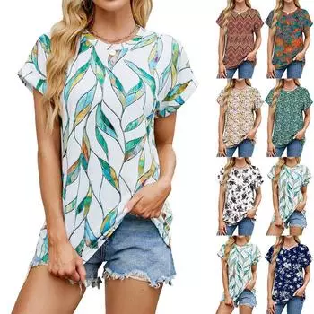 Модная женская футболка с цветочным принтом и круглым вырезом, свободная, с коротким рукавом S