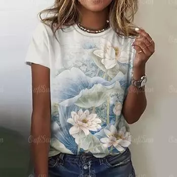Модная женская футболка с цветочным принтом и круглым вырезом, одежда в стиле Харадзюку, летние повседневные футболки с короткими рукавами, уличный пуловер большого размера, повседневные топы L