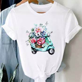 Модная женская футболка с цветочным принтом и принтом велосипеда Футболка женская уличная футболка с рисунком из мультфильмов Топы Эстетическая одежда Футболка большого размера S