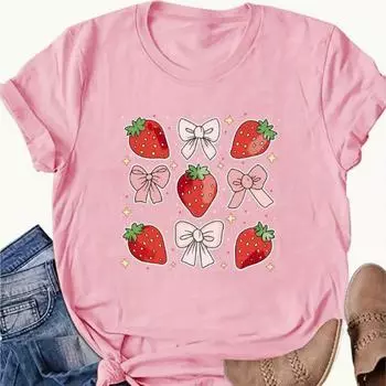 Модная женская футболка с цветочным принтом и клубникой, забавная повседневная футболка с круглым вырезом и короткими рукавами, летняя женская футболка L белый