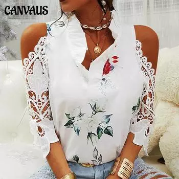 Модная женская футболка с цветочным принтом с открытыми плечами и кружевной строчкой 4XL белый