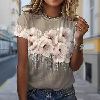 Модная женская футболка с цветочным принтом, забавная повседневная футболка с круглым вырезом и короткими рукавами, летняя женская футболка XS синий