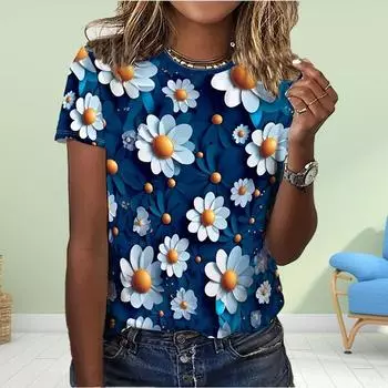 Модная женская футболка с цветочным принтом, забавная повседневная футболка с короткими рукавами и круглым вырезом, летняя женская футболка XS синий