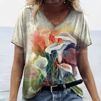 Модная женская футболка с цветочным рисунком и 3d принтом, топ с короткими рукавами, летняя повседневная футболка Harajuku с v-образным вырезом, женская одежда большого размера XL