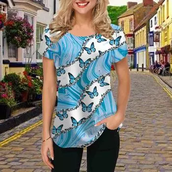 Модная женская футболка с диагональным принтом, забавная повседневная футболка с круглым вырезом и короткими рукавами, летняя женская футболка XS синий