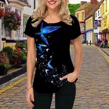 Модная женская футболка с длинным принтом крылатой бабочки, забавная повседневная футболка с круглым вырезом и короткими рукавами, летняя женская футболка XS фиолетовый